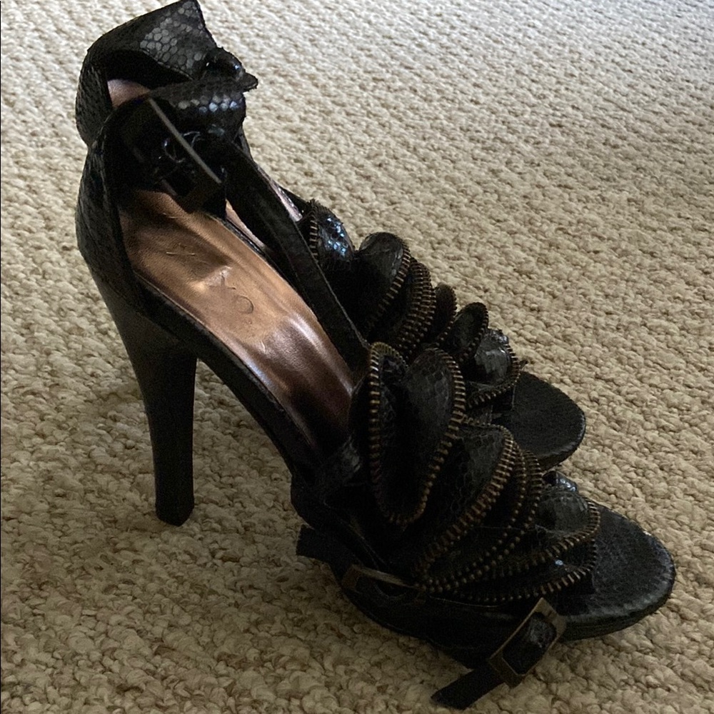 Black Stiletto Heels with Ruffle Design